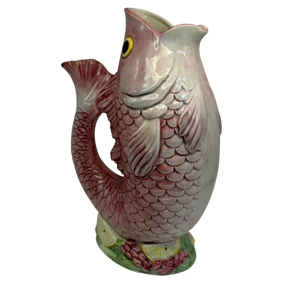 Vintage Fitz & Floyd Pink Fish‎ Pitcher Ceramic Seafood Nautical Large 10